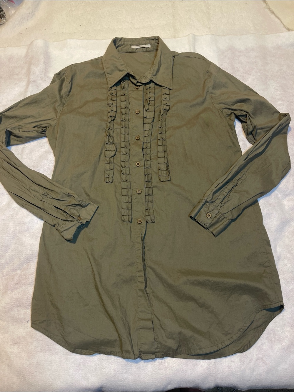 Gerard Darel Ruffle Tuxedo Pleat Button Down Shirt Olive Green EU 44 / US L